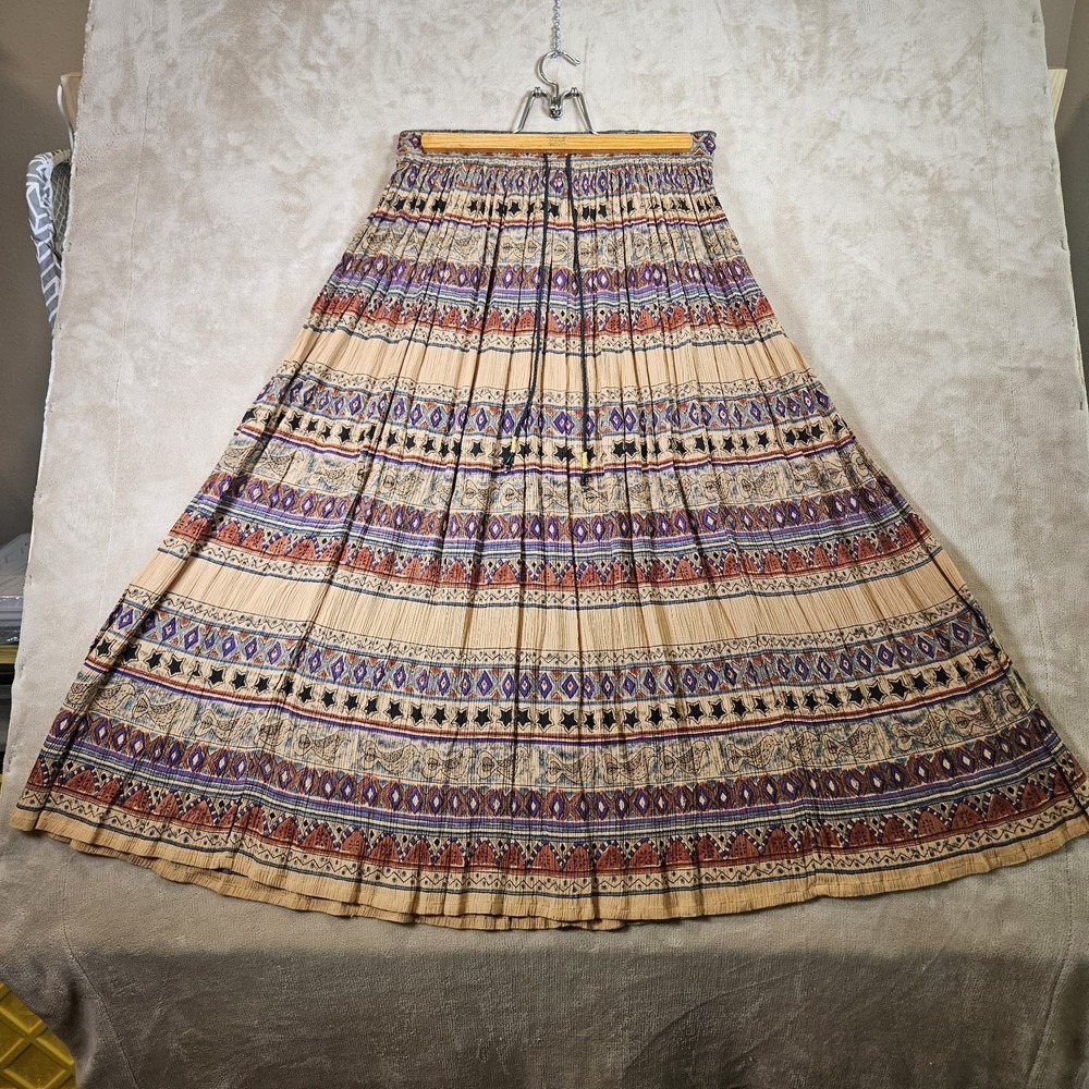Sag Harbor Womens Medium Broomstick Maxi Skirt Southwestern Bird Print Rayon Tan